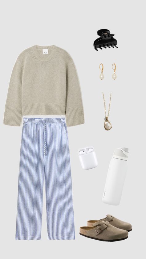 Blue Striped Pants Outfit, White Striped Pants Outfit, Striped Linen Pants Outfit, White Linen Pants Outfit, Stripe Pants Outfit, Linen Pants Outfit, Stripes Sweater, Striped Linen Pants, Boston Clogs