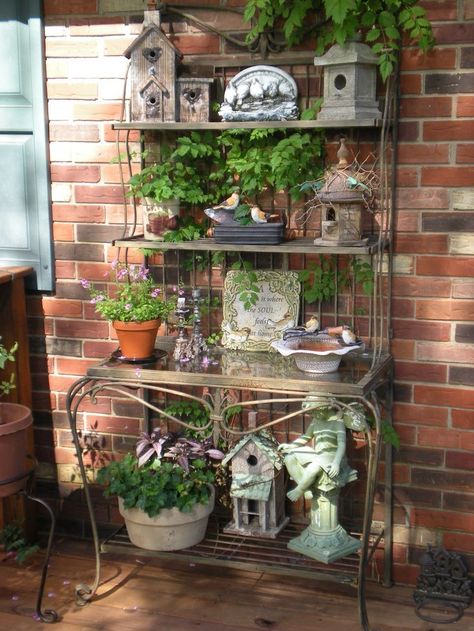 large bakers rack top only - Google Search Bakers Rack Decorating, Outdoor Bakers Rack, Bakers Rack, Have Inspiration, Outdoor Porch, Garden Cottage, Balcony Garden, Shade Garden, Garden Room