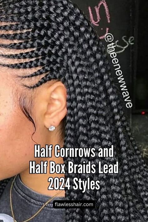 Half Cornrows And Box Braids Cornrows And Box Braids, Half Box Braids, Half Cornrows, Cornrows With Box Braids, Scalp Braids, Super Short Haircuts, Side Braid Hairstyles, Box Braids Styling, Braids For Black Women