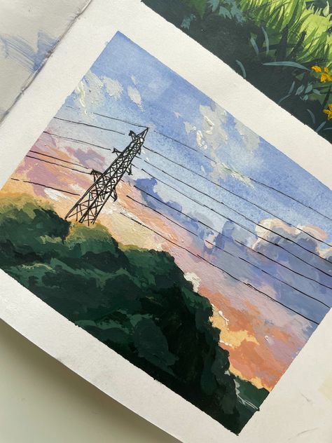 Ghibli Aesthetic Watercolor, Easy Studio Ghibli Scenes To Paint, Guache Painting Studio Ghibli, Gouache Aesthetic Painting, Ghibli Inspired Painting, Watercolor On Canvas Ideas, Painting Ghibli Scenes, Painting Watercolor Landscape, Nature Watercolour Painting