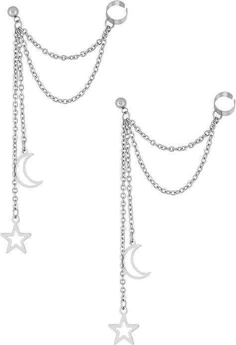 Amazon.com: Sacina Goth Punk Silver-tone-Tone Moon and Star Earrings, Ear Cuff Earrings, Gothic Earrings, Punk Earrings, Emo Earrings, Grunge Earrings, Christmas Jewelry Gifts for Women: Clothing, Shoes & Jewelry Earrings Emo, Emo Earrings, Earrings Grunge, Emo Jewelry, Grunge Earrings, Earrings Punk, Ear Cuff Earrings, Earrings Gothic, Silver Chain Earrings