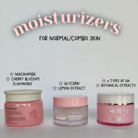 Elizabeth | skincare & k-beauty on Instagram: "MOISTURIZERS FOR NORMAL/COMBO SKIN (of course other skin types can use these, this is just a guide to help specific skin types) The 3 moisturizers I’m sharing today are: ▫️Suitable for spring/summer season ▫️Hydrating without feeling like a thick layer on the skin ▫️Wears well under makeup application ▫️OK for night routine (unless you prefer something denser at night) ___________________________________ @innisfreeusa Dewy Glow Jelly Cream — my go Good Moisturizer For Combination Skin, Combo Skin Skincare, Night Moisturizer For Combination Skin, Best Moisturizer For Normal Skin, Skincare For Normal Skin Type, Combo Skin Moisturizer, K Beauty Moisturizer, Korean Skincare For Combo Skin, Moisturizer For Combo Skin