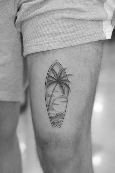 Looking for Black and Grey Fine Line and Single Needle Tattoos? Follow for the latest designs and tattoo reference inspiration @danielcollinsart 
#tattooinspiration #tattooideas #fineline #singleneedle #microrealism #tattoos #blackworktattoo #inked #blackandgrey #beachtattoo #surftattooo Mens Surf Tattoo, Mens Surf Tattoo Ideas, Palm Tree And Surfboard Tattoo, Palm Tree And Plane Tattoo, Tattoo Ideas Surfing, Men’s Beach Tattoo Small, Socal Tattoo Ideas, Summer Tattoo Men, Palm Tree Surfboard Tattoo