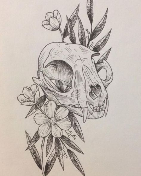 Cat Skull With Flowers Tattoo, Cat Skull And Flowers Tattoo, Cat Skull Outline, Cat Skull Sketch, Animal Skull And Flowers, Cat Skull With Flowers, Cat Skull Illustration, Cat Skull Tattoo Design, Cat Skull Drawing