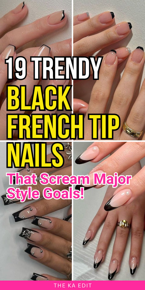 black French tip nails, fall black French tip nails, black French tip nail designs. Black Short Nails Design Simple, Thick Black French Tip Nails, Black Tip Chrome Nails, Black Ombre French Tip Nails, Black French Tip Nails Coffin Medium, Black Nail Designs Almond Shape, Dark Tip Nails, Glitter Black French Tip Nails, Black Tip Nails With Design