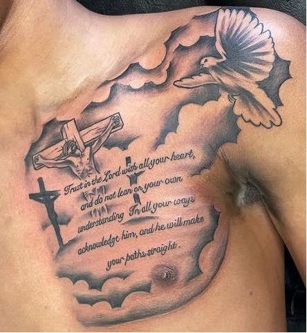 Tattoo For Nana Passing Men, Chest Verse Tattoo, Rip Mom Tattoo For Men Chest, Small Tattoos For Men Shoulder, One Chest Tattoo Men, 3 Crosses On A Hill Tattoo Design, Chest Tattoo Men Ideas Bible Verse, Men’s Half Chest Tattoos, Tattoo Ideas For Men Chest Quotes