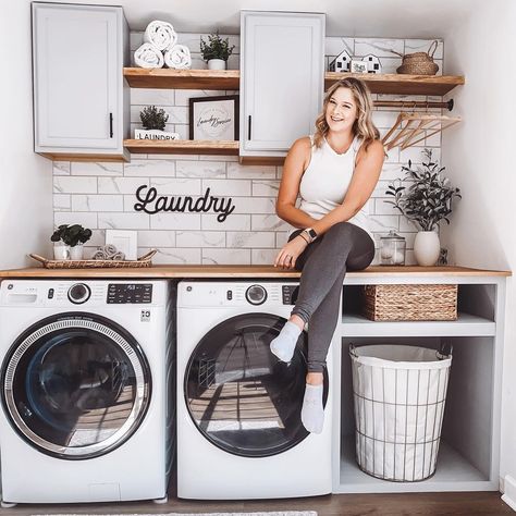 Megan | DIY & Design on Instagram: “Another Saturday, another home project complete! And I’m proud to say I completed a good amount of this laundry room nook portion of this…” Laundry Nook Ideas, Garage Laundry Area, Room Nook, Laundry Nook, Garage Laundry, Laundry Room Closet, Laundry Room Renovation, Modern Laundry Rooms, Farmhouse Laundry Room