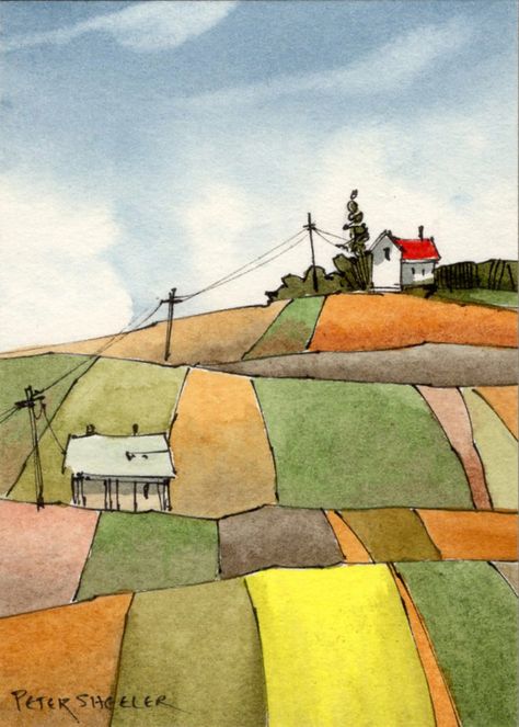 Line And Wash Ideas, Peter Sheeler, Watercolor Paintings For Sale, Yellow Field, Watercolor House Painting, Line And Wash, Watercolor Art Landscape, Dorm Art, Canvas For Beginners