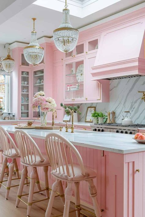 33 Gorgeous Barbie Pink Kitchen Design Ideas That Evoke Playful Elegance Light Pink Kitchen, Barbie Cottage, Light Pink Interior, Pink Kitchen Designs, Girly House, Retro Pink Kitchens, Pink Kitchens, Cottage Pink, Pink Cabinets