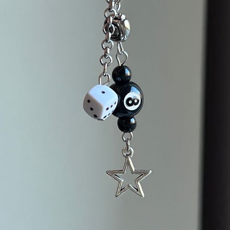 handmade 8 ball phone charm black grunge goth aesthetic punk dice 8ball Jewelry, Grunge Phone Charm, 8 Ball Bracelet, Grunge Keychain, Grunge Diy, Dice Accessories, Whimsigoth Jewelry, Dice Keychain, Pretty Jewelry Necklaces