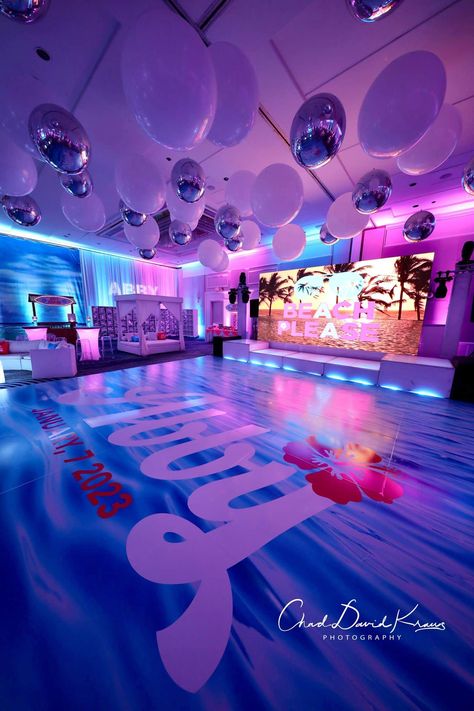 Beautiful Additions For Events Gallery · Pro Party & Event Design · Balloon Artistry Beach Theme Bat Mitzvah, Bat Mitzvah Themes Ideas, Bat Mitzvah Themes Decor, Bat Mitzvah Party Themes, Bar Mitzvah Ideas, Bat Mitzvah Ideas, Bat Mitzvah Decorations, Bar Mitzvah Decorations, Dance Floor Wrap