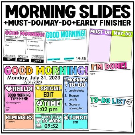 Morning Slides for Google Slides or PPT | Early Finisher | Must-Do / May-Do Elementary Classroom Themes, Classroom Wishlist, Teaching 5th Grade, First Year Teaching, Classroom Procedures, 4th Grade Classroom, 3rd Grade Classroom, 2nd Grade Classroom, Teaching Skills