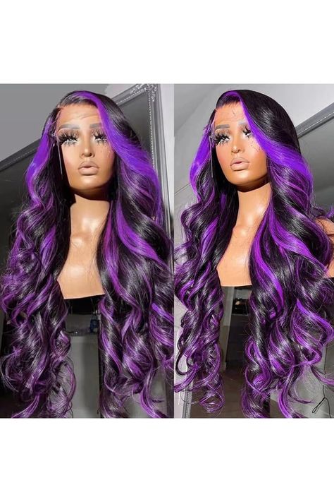 Purple Highlight Lace Front Wig Pre-plucked Hairline Synthetic Heat Resistant Fiber Lace Front Wigs for Women Glueless 13X4 Inch Long Loose Curly Wavy Wigs Highlight Lace Front Wig, Burgundy Wig, Wig Ideas, Wavy Wigs, Purple Wig, Purple Highlights, Purple Swirl, Wigs For Women, Lace Front Wig