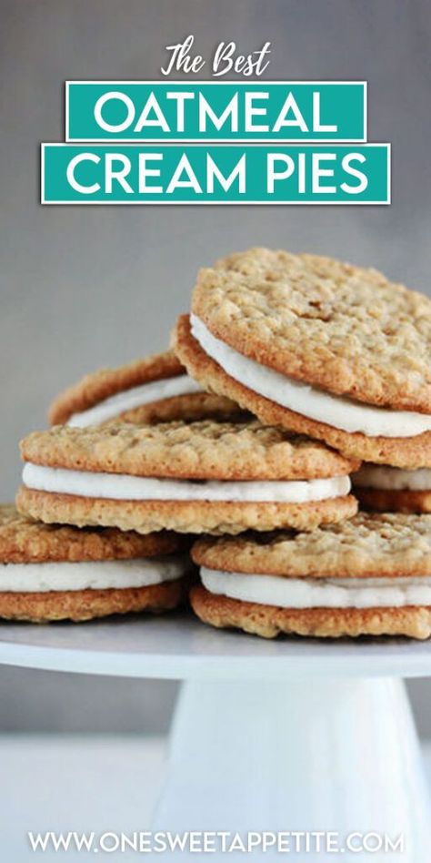 Homemade oatmeal cream pies! Our easy recipe creates soft, chewy cookies with a luscious cream filling. Perfectly sweet satisfaction! Sunny’s Brown Butter Oatmeal Cream Pies, Cream Filled Oatmeal Cookies, Oatmeal Cookie Cream Pies, Oatmeal Crème Pies, Oatmeal Crème Pie Cookies, Diy Oatmeal Cream Pies, Homemade Cream Pies, Oatmeal Creme Pie Recipe, Sourdough Oatmeal Cream Pie