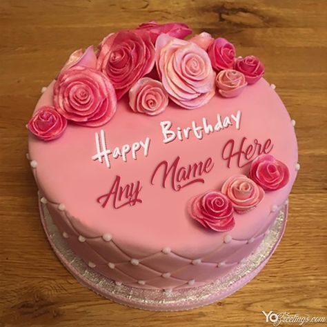 Happy birthday cake with name images, you can  write the name of anyone on this lovely rose birthday cake, happy birthday online in your own way Happy Birthday Cake Writing, Rose Birthday Cake, Rosé Birthday Cake, Happy Birthday Chocolate Cake, Birthday Cake Write Name, Online Birthday Cake, Happy Birthday Flowers, Fruit Birthday Cake, Heart Birthday Cake