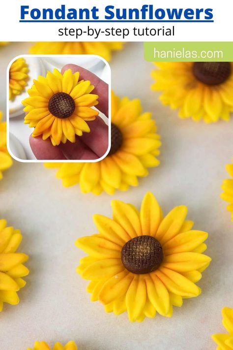 Gum Paste Flowers Tutorials, How To Make Sunflower, Sunflower Wedding Cake, Sunflower Cupcakes, Fondant Flower Tutorial, Fondant Flower Cake, Fondant Cake Designs, Paper Sunflowers, Icing Flowers