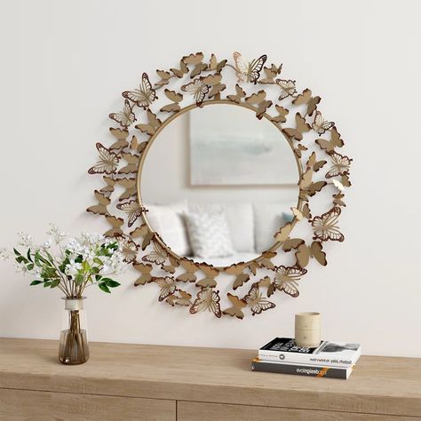 House of Hampton® Elleanora Round Wall Mirror | Wayfair Gold Wall Mirror, Solid Wall, Gold Mirror Wall, Bronze Mirror, Circular Mirror, Butterfly Wall Decor, Gold Powder, Metal Floor, Gold Wall