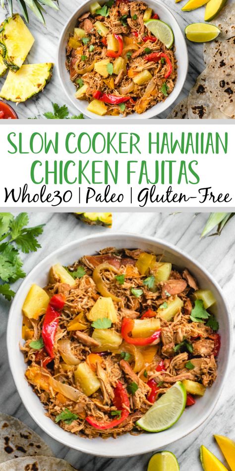 This easy Whole30 slow cooker Hawaiian chicken fajitas recipe is perfect for an easy family-friendly weeknight meal. It's a simple set it and forget crockpot meal that's also paleo, gluten-free and dairy-free. The tender, fall apart chicken thighs and vegetables can be served in wraps, as a salad over greens, or as part of a taco bar! #whole30chicken #whole30slowcooker #whole30fajitas #chickenfajitas Chicken Thigh Fajitas Crockpot, Best Paleo Crockpot Recipes, Slow Cooker Chicken Recipes Non Dairy, Autoimmune Paleo Crockpot Recipes, Whole 30 Hawaiian Recipes, Paleo Chicken Slow Cooker Recipes, Chicken Fajita Slow Cooker, Crockpot Meals Paleo, Whole 30 Fall Crockpot Recipes