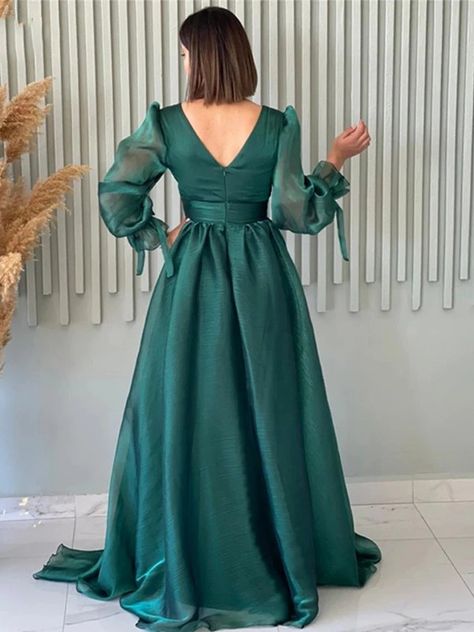 A-Line/Princess Organza Ruched V-neck Long Sleeves Sweep/Brush Train Dresses - Hebeos Green Organza Dress, Fancy Dresses For Girls, Dresses With Ruffles, Top Prom Dresses, Dress Reference, Frock Designs, Evening Dresses With Sleeves, Bridesmaid Dress Styles, Trendy Dress Outfits