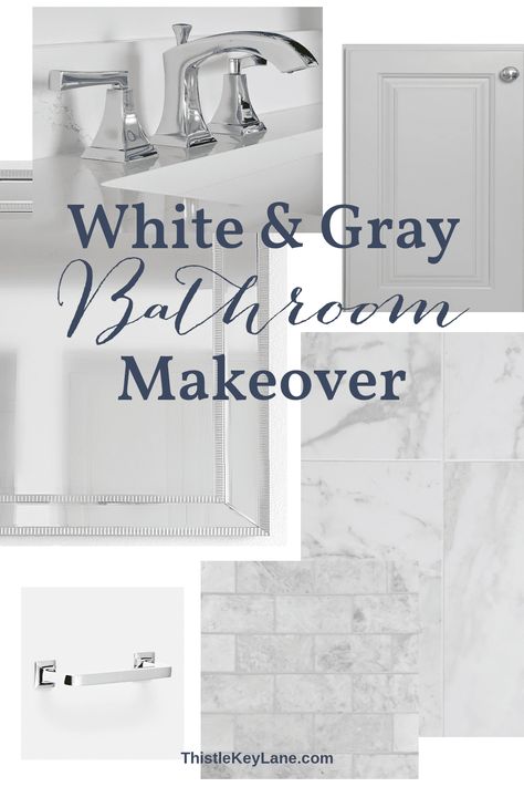 White And Gray Bathroom Makeover - Consider these ideas for a spa inspired bathroom including tile, paint, cabinets, countertops and more. Inspiration Bathroom Collage. Bathroom Mood Board. Gray Bathroom Countertop, Spa Bathroom Tile, Collage Bathroom, Grey Marble Bathroom, Bathroom Mood Board, Half Wall Shower, Light Grey Bathrooms, Grey Bathroom Floor, Grey Bathroom Cabinets