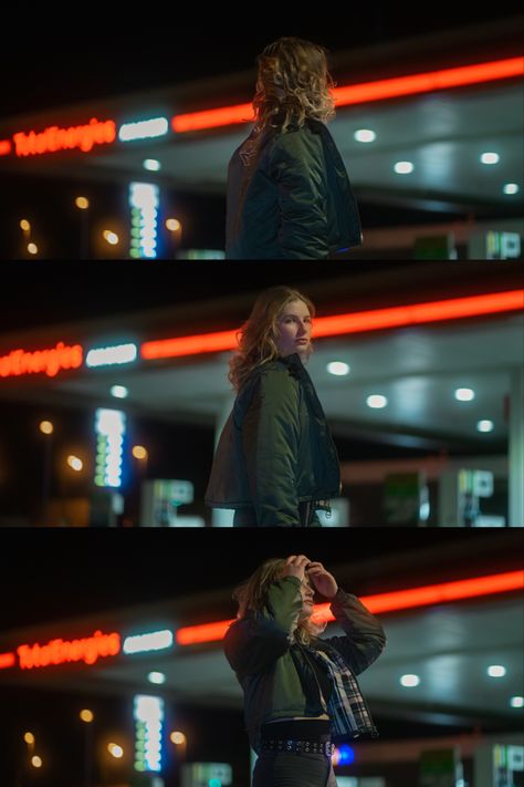 Night Aesthetic Photography, Vintage Look Photoshoot, Night Light Photoshoot, Petrol Station Photography, Photography Low Light, 35mm Film Photography Aesthetic Night, Night Aesthetic Portrait, Night Shoot Aesthetic, Night Cinematic Photography