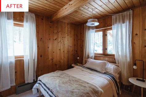 Vermont Cabin, Rustic Modern Cabin, Minimalist Cabin, Knotty Pine Walls, Pine Bedroom, Cabin Renovation, Cabin Modern, Log Cabin Interior, Cabin Chic