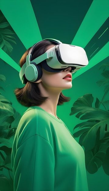 Woman using VR headset on green bold and colorful eco design collage Vr Headset Aesthetic, Designer Grafico, Virtual City, Highlight Ig, Unique Website Design, Easy Flower Drawings, Diode Laser Hair Removal, Design Collage, Cover Instagram