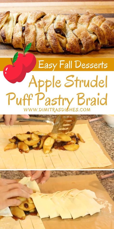 Strudel With Fried Apples, Apple Philo Dough Puff Pastries, Apple Cinnamon Strudel, Apple Strudel Recipe Phyllo Dough, Braided Apple Puff Pastry, Apple Streudel Recipe Easy, Apple Strudel Recipe Puff Pastry, Apple Desserts With Puff Pastry, Apple Strudel Recipe