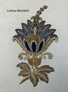 Embroidery, Flowers, Gold, Blue