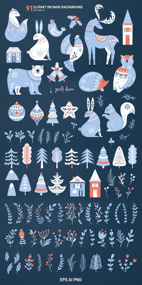 Scandinavian Christmas Nordic winter by Picsela on @creativemarket How To Draw Scandinavian Folk Art, Nordic Christmas Design, Scandinavian Animals Illustration, Christmas In Scandinavia, Christmas Print Ideas, Nordic Christmas Illustration, Nordic Christmas Diy, Scandinavian Pattern Design, Scandinavian Illustration Graphics