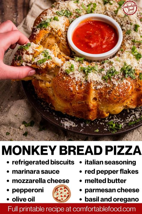 If you love pizza, then you're gonna absolutely fall in love with this easy pizza monkey bread recipe made with soft dough, pepperoni, cheese, and warm marinara sauce. It's the perfect pull-apart finger food for game day or pizza night to enjoy with family and friends that everyone will love! Pepperoni And Mozzarella Pull Apart Bread, Pepperoni Pizza Monkey Bread Pull Apart, Pull Apart Pepperoni Pizza Bread, Monkey Bread Pizza Pull Apart, Pepperoni Dishes, Pepperoni Pull Apart Bread, Pepperoni Monkey Bread, Italian Potluck, Pepperoni Pizza Braid