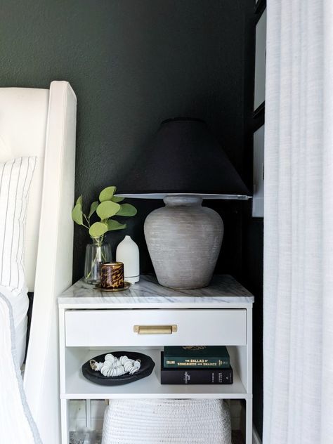 6 of The Best Ikea Nightstand Hacks + How We Hacked Ours – The Homebody House Kullen Ikea Hack Night Stands, Vikhammer Nightstand Styling, Ikea Floating Nightstand Hack, Nightstand Hack Ikea, Ikea Kallax Nightstand Hack, Ikea Vikhammer Nightstand Hack, Vikhammer Nightstand Hack, Ikea Vikhammer Nightstand, Kallax Nightstand