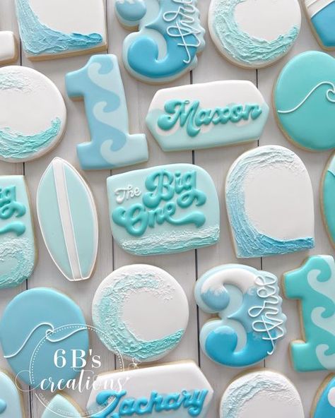 Wave Themed Birthday Party, The Big One Birthday Party Decorations, Surfing Theme Birthday Party, Big Wave Birthday Party, Surf First Birthday Party Boy, The Big One Birthday Cookies, First Birthday Summer Theme Boy, The Big One Surf Birthday Cake, The Big One Surf Cookies