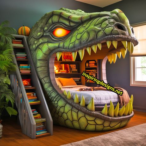 These Giant Dinosaur Shaped Bunk Beds Turn Sleepovers into Dino Adventures Rainbow Canopy, Dinosaur Theme Bedroom, Monster Truck Bed, Mickey Mouse Bedding, Dinosaur Kids Room, Princess Canopy, Kids Bed Design, Dinosaur Bedding, Giant Dinosaur