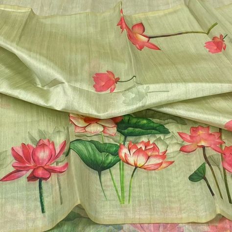 *Wow collection* Best quality Lotus Tussare silk saree with contrast digital print blouse .... *Book ur orders soon* For more details watsup 84899 44222 Watsup group link given in bio Mural Painting On Saree, Lotus Silk Saree, Lotus Painting On Saree, Hand Painted Sarees Floral, Lotus Painted Saree, Lotus Print Saree, Lotus Print, Lotus Painting, Dress Painting