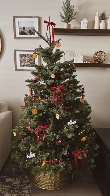 Christmas Tree Beads Garland, Oranges Christmas, 5ft Christmas Tree, Bead Garland Christmas Tree, Red Truck Decor, Christmas Tree Beads, Christmas Photo Ideas, Truck Theme, Classic Christmas Tree