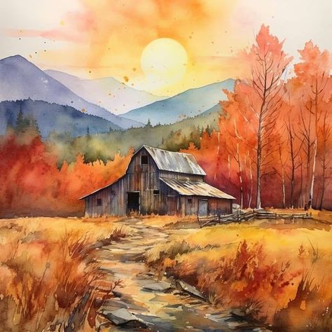 Dreams Cottages And Gardens | Facebook Fall Landscape Painting, Landscape Painting Watercolor, Farm Paintings, Fall Faves, Dream Cottage, Autumn Scenery, Painting Landscape, Easy Watercolor, Autumn Landscape