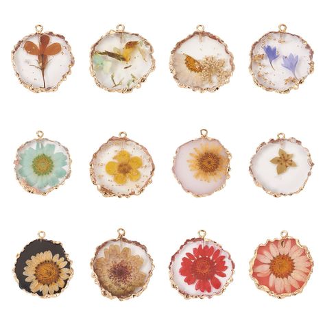 PRICES MAY VARY. Gold Edge Design：These Dried Flower Charms Pendants feature a beautiful gold edge design, which adds a touch of luxury and elegance to the pendants. The gold foil and light gold plated brass edge complement the natural beauty of the dried flowers inside, creating a stunning and eye-catching effect. Packaing：1pc*12styles,12pcs totally.Size:34~36x30~32x4.5~6mm, Hole: 1.8~2mm.Each pendant has unique and beautiful dried flowers that can meet your multiple needs! Quality Material：The Flat Earring, Diy Jewelry Set, Beads Clay, Glass Lampwork, Flower Resin, Jewelry Making Charms, Resin Charms, Bugle Beads, Crackle Glass