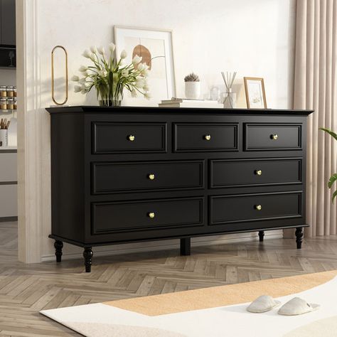 Alcott Hill® Berthine 7 - Drawer Dresser & Reviews | Wayfair Dresser Decor Bedroom, Black Chest Of Drawers, Dresser Modern, Contemporary Dresser, Black Dresser, Black Dressers, 7 Drawer Dresser, Dresser Organization, Wood Dresser