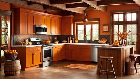 Orange Kitchen Designs Orange Accent Wall Kitchen, Terracotta Colored Kitchen, Burnt Orange Kitchen Cabinets, Orange Kitchen Cabinets, Burnt Orange Kitchen, Orange Kitchen Designs, Orange Cabinets, Yellow Kitchen Designs, Farmhouse Trim