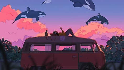 Anime, Whales, Van, Roof, A Woman