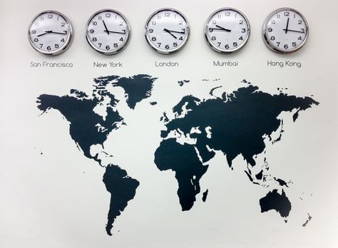 Feature product: World map wall stickers | Vinyl Impression Travel Themed Room, Travel Room, City Names, World Map Decor, World Clock, Kitchen Wall Stickers, Work Spaces, Map Decor, World Map Wall