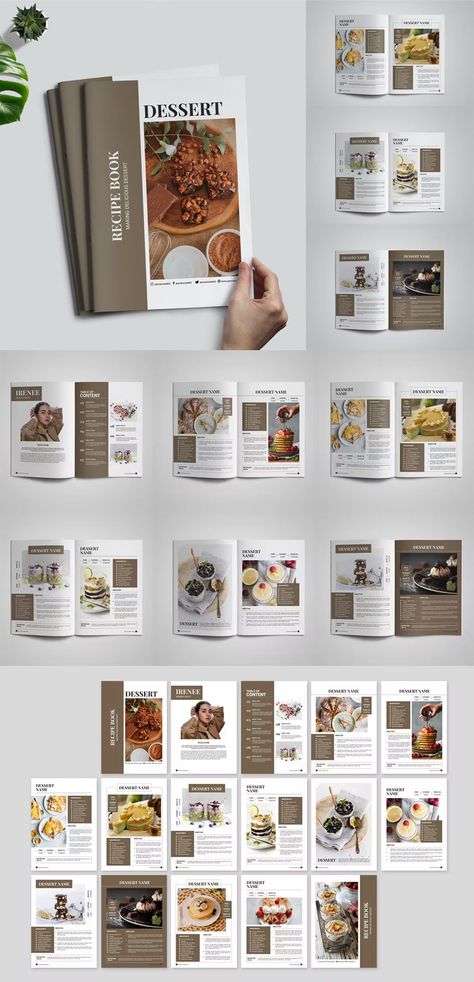 Dessert Recipe Book Template INDD, IDML. 16 Pages. Cookbook Design Layout, Food Magazine Layout, Cookbook Cover Design, Book Design Templates, Small Restaurant Design, Recipe Book Design, Magazine Layout Inspiration, Indesign Magazine, Cookbook Design