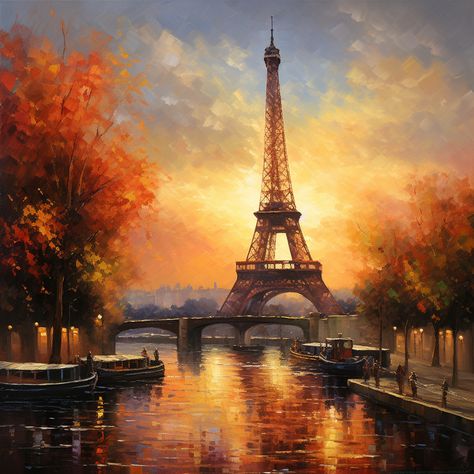 Sunset Eiffel Tower, Paris Eiffel Tower Painting, Paris Oil Painting, Paris Sunset, Eiffel Tower Painting, Paris Landmarks, Paris Painting, Romantic Paris, Family Painting