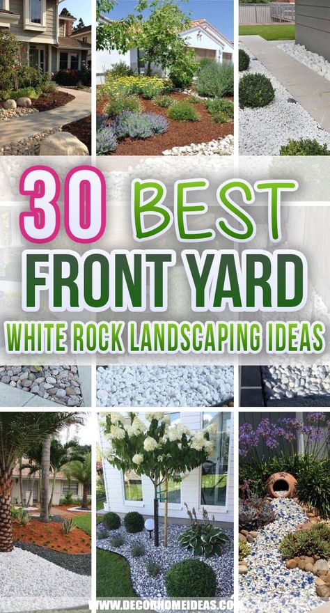 White Rock Landscaping, White Landscaping Rock, Front Door Landscaping, Front Lawn Landscaping, Landscaping Rock, Mulch Landscaping, Small Front Gardens, Front Yard Decor, Tattoo Plant