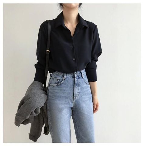 21fe5b8ba755eeaece7a450849876228desc46707160ri Black Chiffon Blouse, Straight Clothes, Casual Shirt Women, Loose Long Sleeve, Y2k Aesthetic Outfits, Style Tops, Bottoming Shirt, Women Shirt, 가을 패션