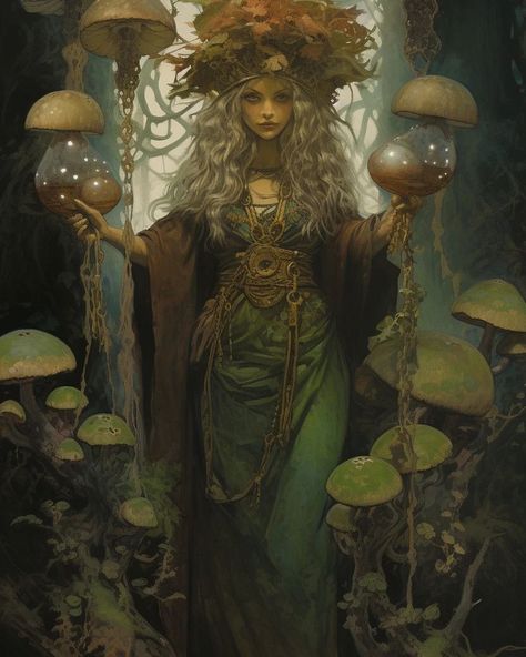 Dark fantasy mushroom witch in the 1970's Frank Frazetta's style. #dnd #dungeonsanddragons #fantasy #cottagecore #goblincore #witch #witchaesthetic #witchcore #mushrooms #aiart #ai #darkfantasy #midjourney Mushroom Dryad, Swamp Witch Outfit, Goblin Witch, Dark Fantasy Witch, Nature Witch Art, Forest Outfits, Bog Witch, Earth Witch, Dnd Witch