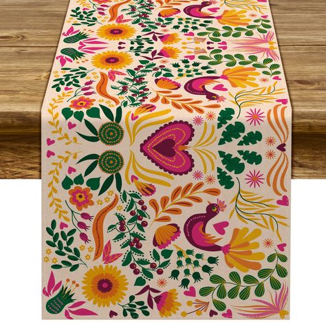 PRICES MAY VARY. Material: 100% linen fabric, no shrink, no fading. Suitable Size:13×72inch(33×183cm). Suitable for a table that can seat 4 to 6 people. Easy to Clean : Hand and machine washable, lay the table runner flat to dry. Perfect for Mexico Day of The Dead, fiesta party decoration also for kitchen dining room daily use. Unique Design: Mexican flower pattern design, makes it more elegant and festive. Cinco De Mayo Table Runner for Mexican Fiesta Party Decoration. Mexican Fiesta Party Decorations, Kitchen Dining Room Decor, Fiesta Table, Mexican Table Runner, Mexican Fiesta Party, Holiday Room, Mexican Flowers, Fiesta Party Decorations, Printed Table Runner