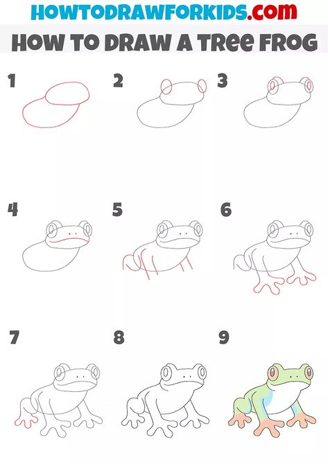 How to Draw a Tree Frog - Easy Drawing Tutorial For Kids Croquis, Tree Frog Drawing, Lily Pad Drawing, Frogs For Kids, Tree Frog Art, Draw A Frog, Draw A Tree, Frog Sketch, Frog Drawing