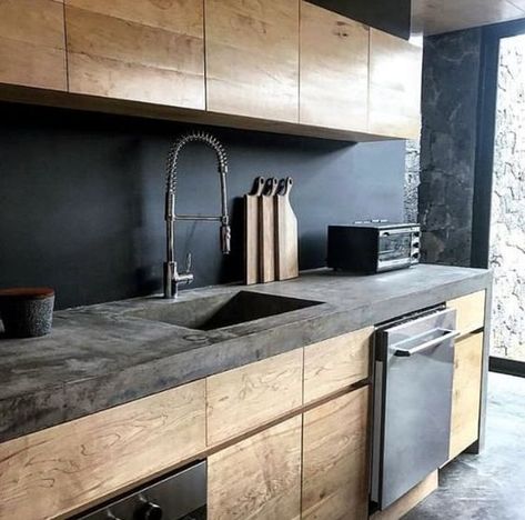 Moody Kitchen, Koti Diy, Concrete Countertops White, Concrete Countertops Kitchen, Kabinet Dapur, Concrete Kitchen, Kitchen Concepts, Kitchen Room Design, Industrial Kitchen